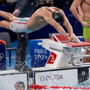 Manuel Frigo of Italy competes in the 4x100m. Freestyle Men relay during the  Paris 2024 Olympic Games at La Defense Arena in Paris (France), July 27, 2024.