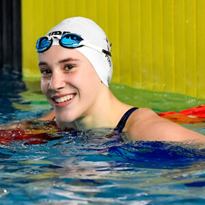 Alessandra Mao of Team Veneto reacts after winning the gold medal in the 200m Freestyle Women Final during the Italian spring swimming championships at Stadio del Nuoto in Riccione (Italy), April 14, 2025.