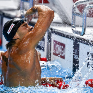 Manuel Frigo of Italy celebrates after winning the silver medal in the swimming 4x100m Freestyle Relay Men Final during the 22nd World Aquatics Championships at the WAC Arena in Singapore (Singapore), July 27, 2025.